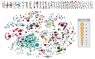 A diagram shows a human disease network. The diagram uses many colored dots to represent a disorder and colored lines between dots to represent a link between disorders. The network is very complicated; there are several hundred dots and numerous lines connecting each dot to others, suggesting that many diseases are interconnected. A key at right shows nine nodes of increasing size. The size of the node corresponds to the number of genes involved in the disorder. The topmost node is the largest and corresponds to 41 genes. Each subsequently smaller node corresponds to node sizes of 34, 30, 25, 21, 15, 10, 5, and 1 gene.